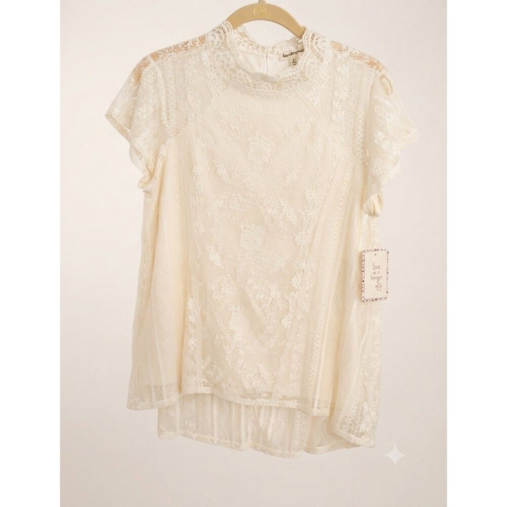 Love on a Hanger Cream Lace Top Mock Neck Short Sleeve Boho Blouse Womens M New